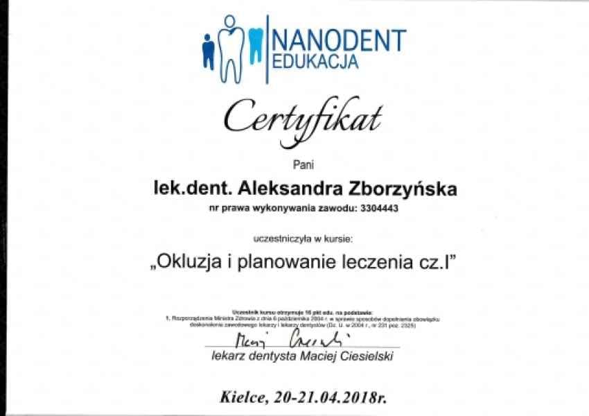 Certyfikat kursu „Okluzja i planowanie leczenia cz. I" (Nanodent Edukacja, Kielce 2018)