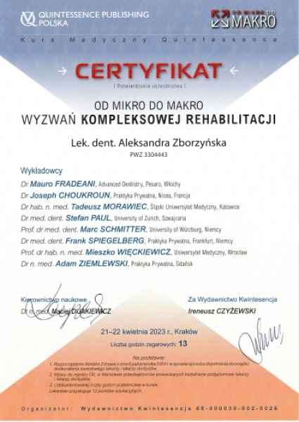 Certyfikat kursu „Od mikro do makro — wyzwania kompleksowej rehabilitacji" (Quintessence, Kraków 2023)