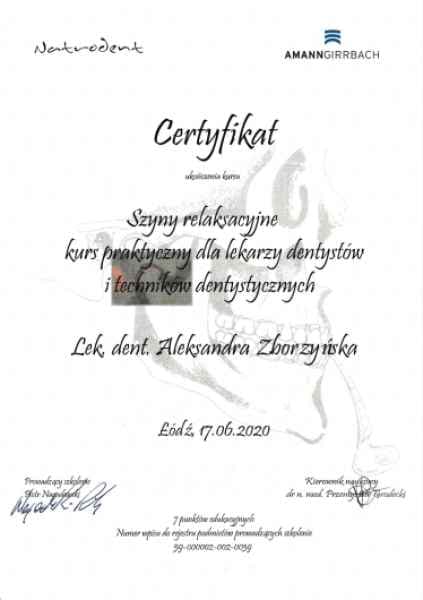 Certyfikat praktycznego kursu „Szyny relaksacyjne" dla lekarzy dentystów (AMANN GIRRBACH, Łódź 2020)